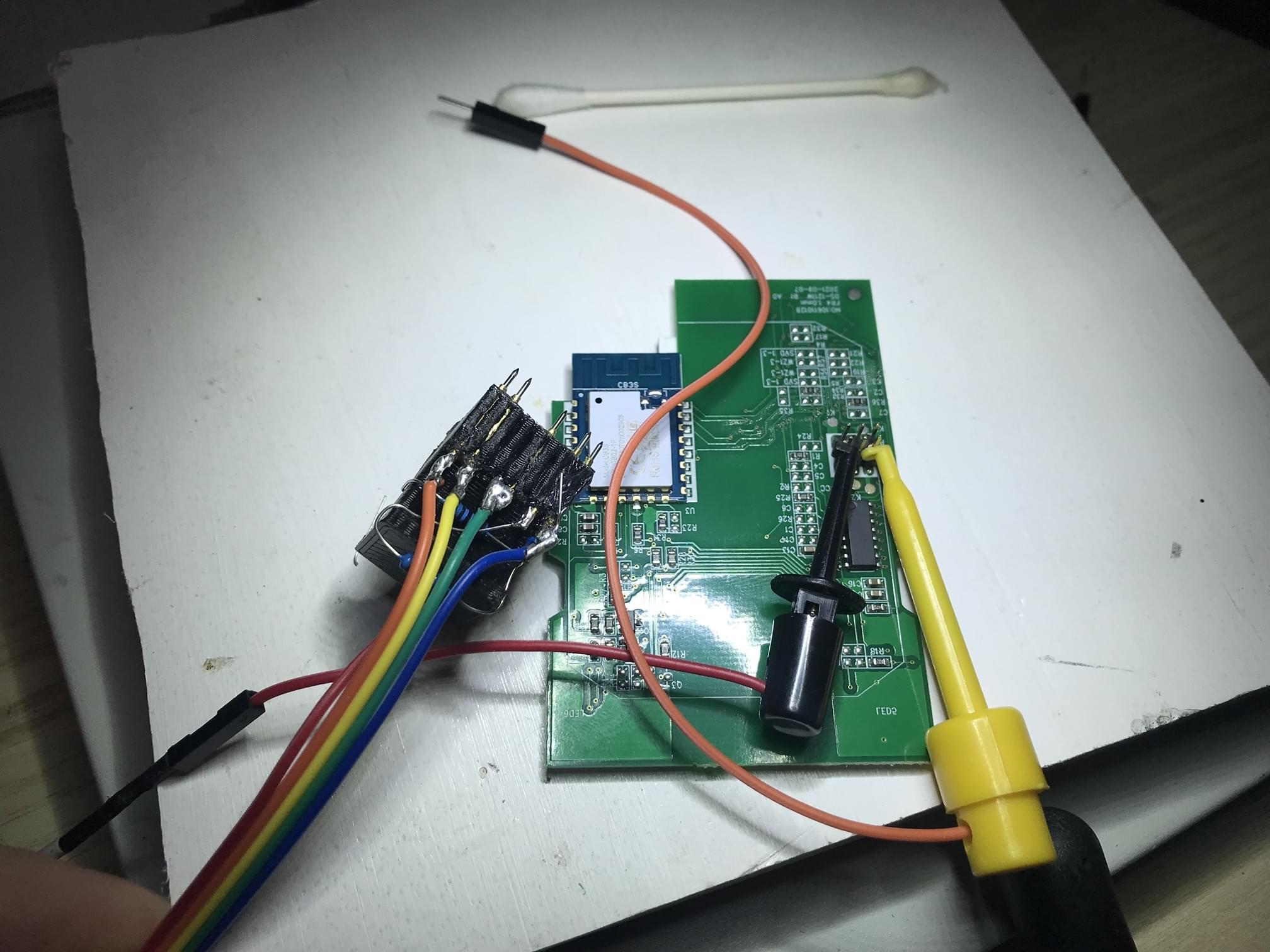 Serial connction hooked up to a pogo-pin jig for ESP modules